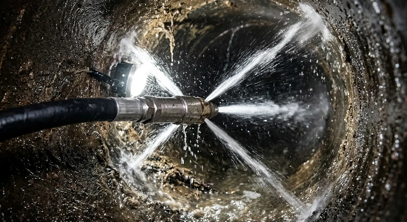 High-pressure hydro jetting nozzle cleaning sewer pipe for Trenchless Sewer Repair in West Whittier-Los Nietos