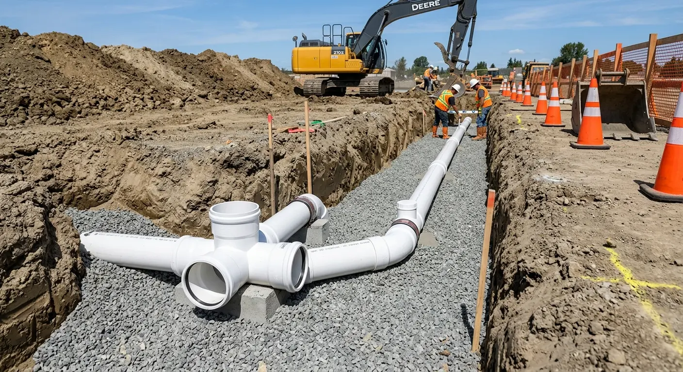 New PVC sewer pipe installation in open trench for Sewer Backup in West Whittier-Los Nietos